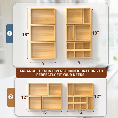 Bamboo Drawer Organizer, 9-Piece Set with Adjustable Dividers, 4 Sizes, Reusable Storage Trays for Kitchen, Bathroom and Office - product view 3