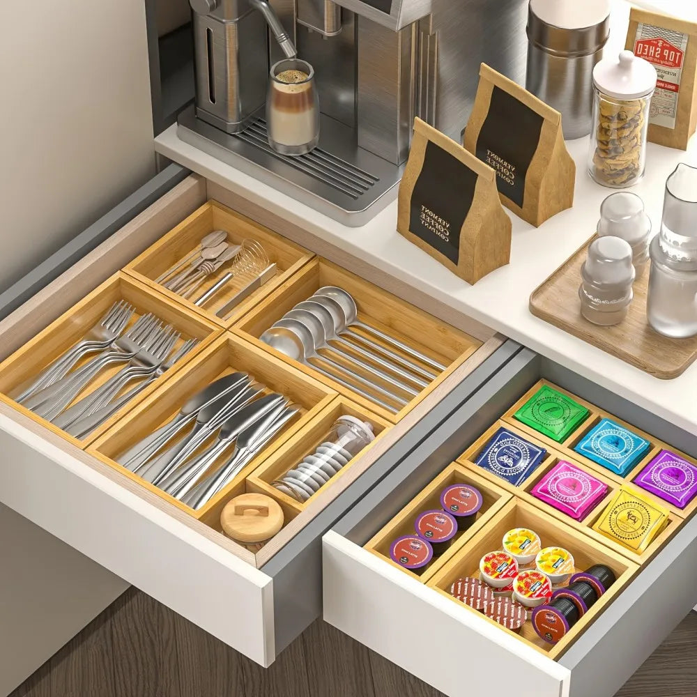 Bamboo Drawer Organizer, 9-Piece Set with Adjustable Dividers, 4 Sizes, Reusable Storage Trays for Kitchen, Bathroom and Office - product view 5