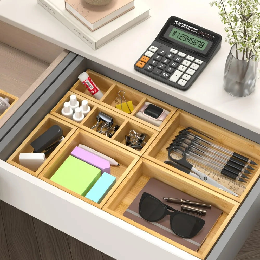 Bamboo Drawer Organizer, 9-Piece Set with Adjustable Dividers, 4 Sizes, Reusable Storage Trays for Kitchen, Bathroom and Office - product view 6