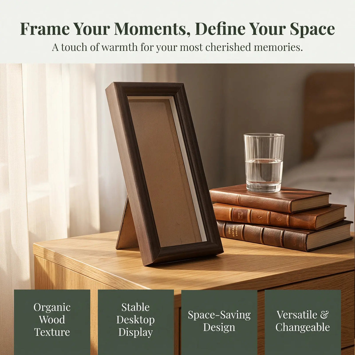 Multi Opening Collage Frame, Wood Grain Photo Booth Display, Desktop Stand, 20 x 8 cm, Black or Beige - product view 3