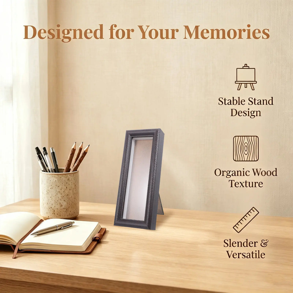 Multi Opening Collage Frame, Wood Grain Photo Booth Display, Desktop Stand, 20 x 8 cm, Black or Beige - product view 4